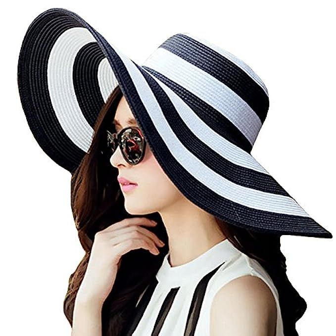 Itopfox Women's Beachwear Sun Hat Striped Straw Hat Floppy Big Brim Hat | Amazon (US)