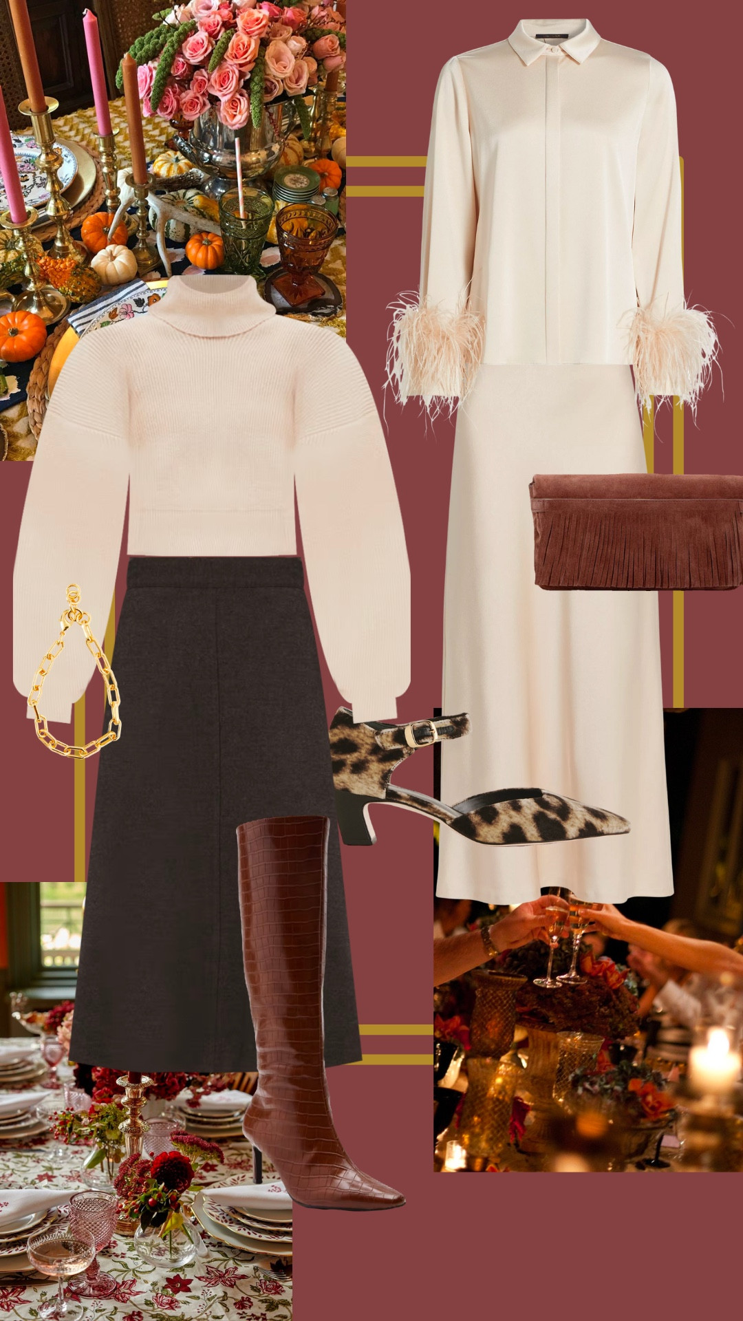 Thanksgiving style goals 🍂✨ Whether you're hosting or attending, this curated look combines cozy elegance with elevated details. Starting with the feather-trimmed Kobi Halperin Murphy Blouse paired with the matching Sachi Crepe Maxi Skirt, this outfit brings a polished yet playful vibe. Add a touch of luxe with the Matisse Croc Robbie Boots—a statement piece perfect for fall gatherings.

Looking for more versatile options? Swap in the Mother Hustler Roller Sneak Jeans or Reformation Cary Studded High-Rise Slouchy Jeans for a casual yet chic twist. Finish your look with standout accessories like the Blair Leopard Flats for a pop of print, or keep it classic with Tuckernuck's Oxblood Leather Nina Flats.

Elevate the ensemble further with gold accents like the Tuckernuck Gold Paperclip Chain Link Bracelet or the Chunky Mariner Link Bracelet. Complete the look with a bag that ties it all together—think the Merlot Lizbeth Bag or Urban Expressions Wine Blakely Bag for rich, warm tones that scream fall.

Not stopping at footwear? Try the Verona Ballet Flats in Seaweed Suede for a cozy, festive vibe or the Larrode Blair Flatform for a modern silhouette. Pair all these with layers like the Tuckernuck Cashmere V-Neck Sweater in Oxblood or the High-Neck Poncho to stay warm and stylish.

Decor inspiration also shines through here—set the table with rich florals and warm tones to complement your outfit. Every piece in this collection, from Mother Jeans to Schutz Heels, offers a blend of comfort and sophistication that’s perfect for Thanksgiving. 

 #LTKGiftGuide #LTKHoliday #LTKSeasonal