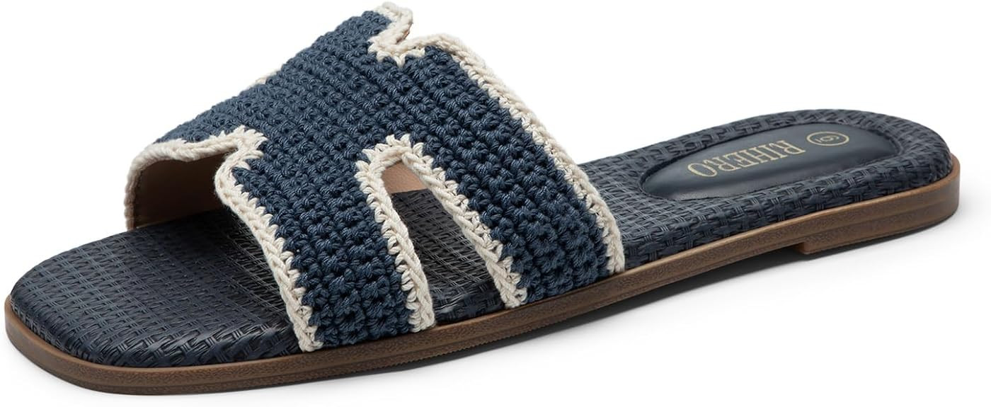 Rihero Flat Sandals Women Dressy Comfortable Slip On Leather Slide Sandals | PU / Raffia Clear Kn... | Amazon (US)