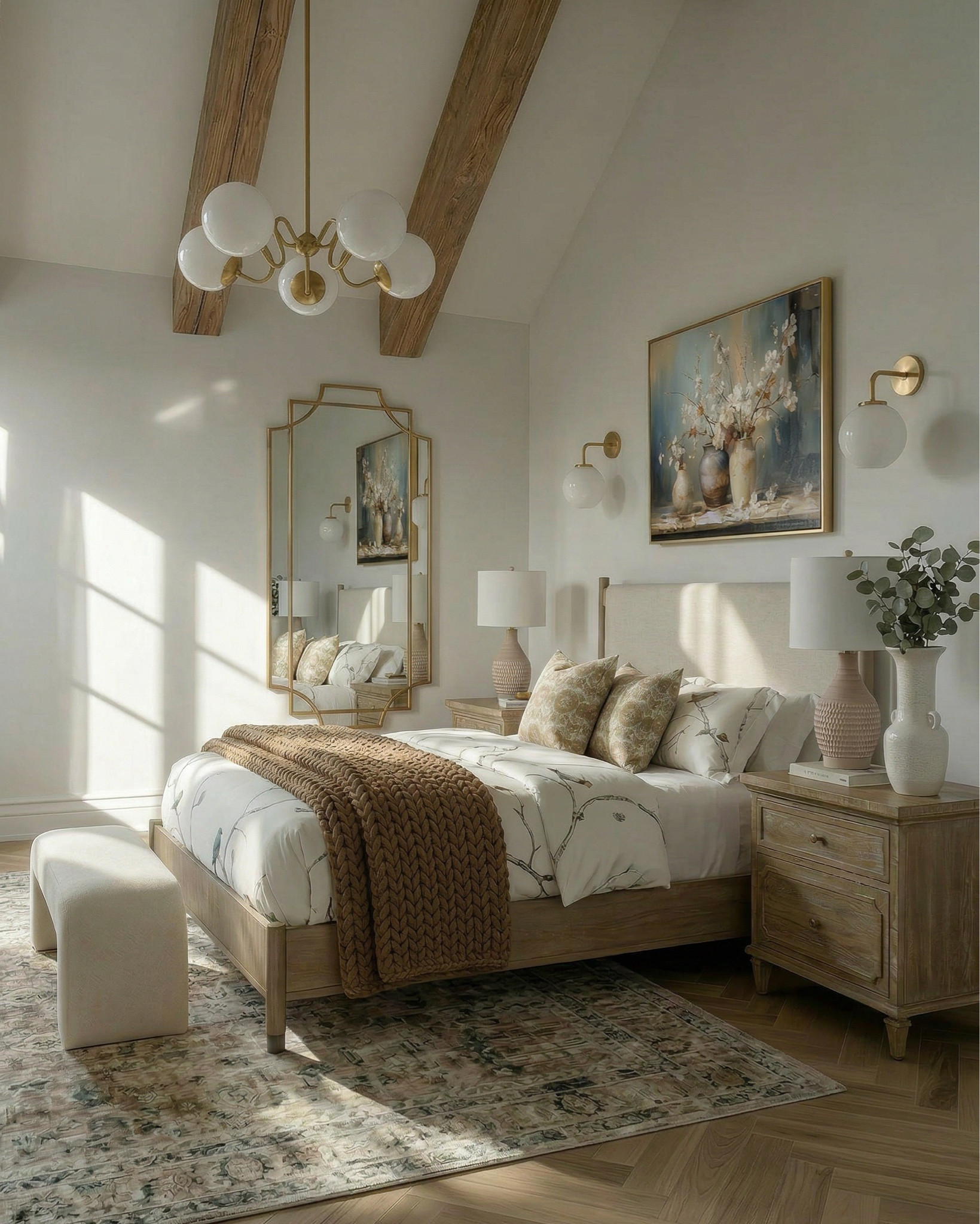 Upholstered bed with wood frame
Wood Nightstands 
6-drawer wood dresser 
Wood upholstered Accent chair 
Upholstered white bench
Mid-century style chandelier (brass + globe bulbs)
Wall sconces
Ceramic Table lamps
 artwork 
Decorative mirror (arched, gold frame)
Area beige rug vintage-style, muted tones
Brown Throw blanket (chunky knit)
Floral Decorative pillows
Candlesticks
Decorative brass trays
Small decor bowls
Decor Books 
Sculptural decor objects
White ceramic Vases with greenery/branches
Brass floor lamp


#LTKHome #LTKSaleAlert