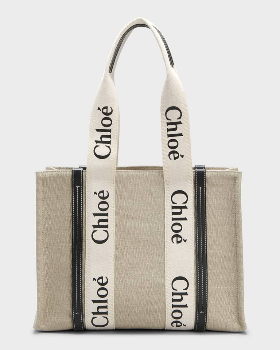 Chloe Woody Medium Linen Leather Tote Bag | Neiman Marcus