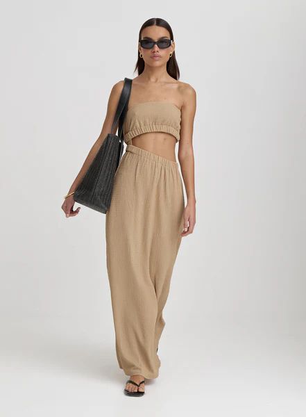 Camel Textured Cut Out Bandeau Maxi Dress- Angie | 4th & Reckless