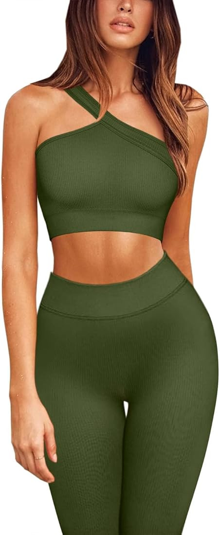 Women Workout Sets 2 piece Seamless Ribbed One Shoulder Sport Bra High Wasit Leggings Gym Yoga Ex... | Amazon (US)