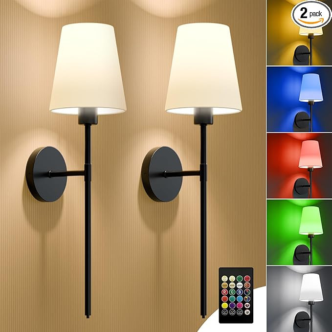 Battery Operated Wall Sconce Set of 2, Black Rechargeable Wall Lights with 5200mAh Dimmable Bulbs... | Amazon (US)