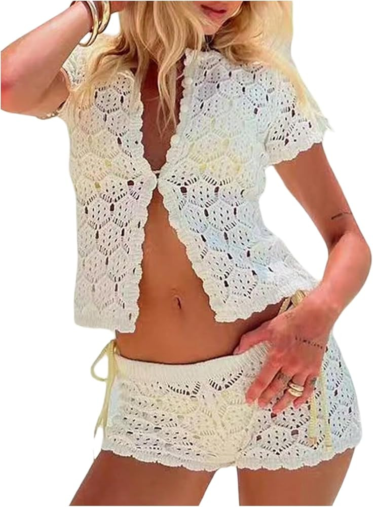 GORGLITTER Women's Crochet Short Sets Short Sleeve Button Down Cardigan Top and Shorts Vacation O... | Amazon (US)