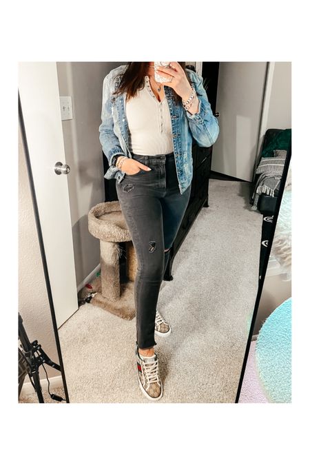 Love this transition outfit. 

Grey ripped denim
Blue Jean denim jacket 
Gucci sneakers
Fitted Henley 

#LTKshoecrush #LTKcurves #LTKstyletip