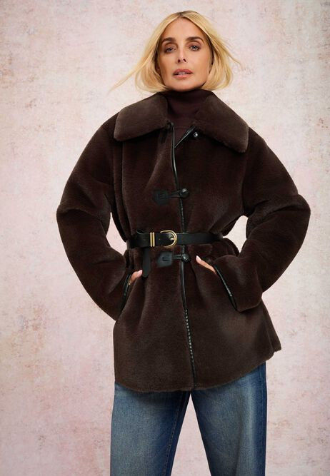 Womens Chocolate Brown Fluffy Duffle Coat | Peacocks