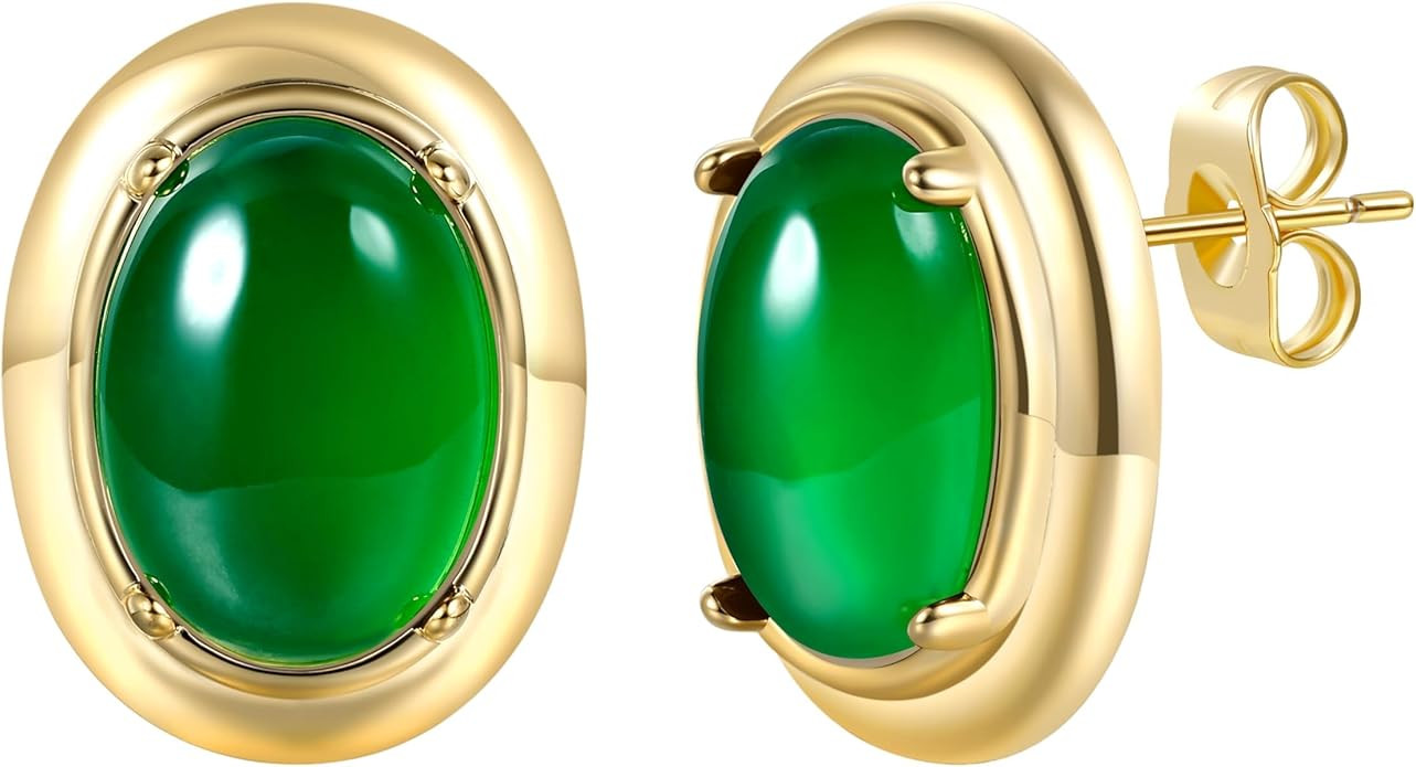 18K Yellow Gold Plated Oval Cut Emerald Agate Large Stud Earrings Ear Jewelry for Women | Amazon (US)