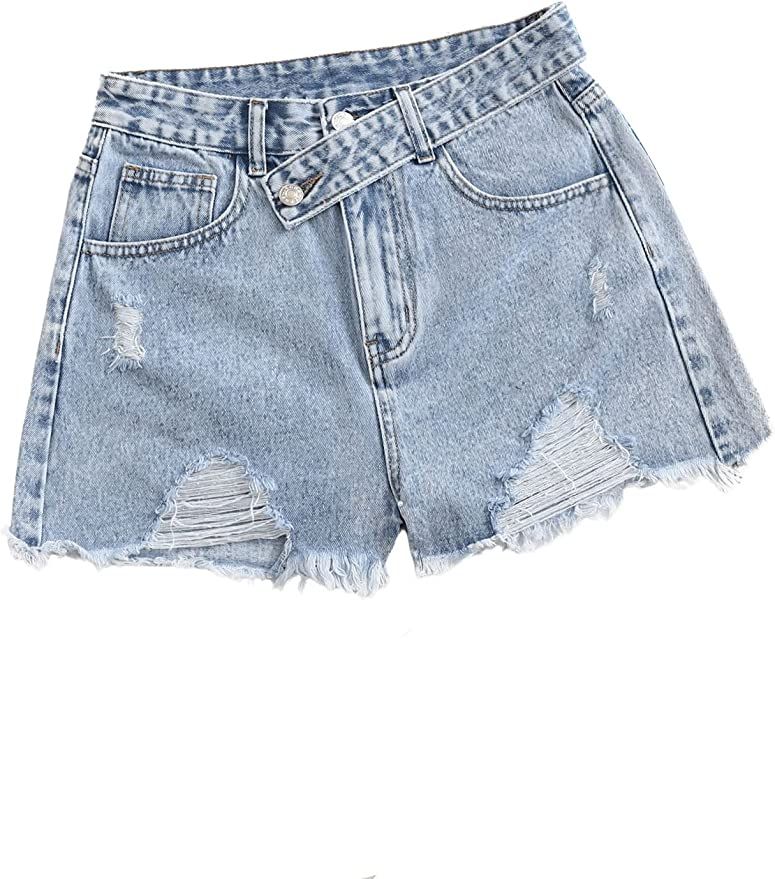 SweatyRocks Women's Casual High Waist Raw Hem Ripped Denim Jean Shorts with Pocket | Amazon (US)