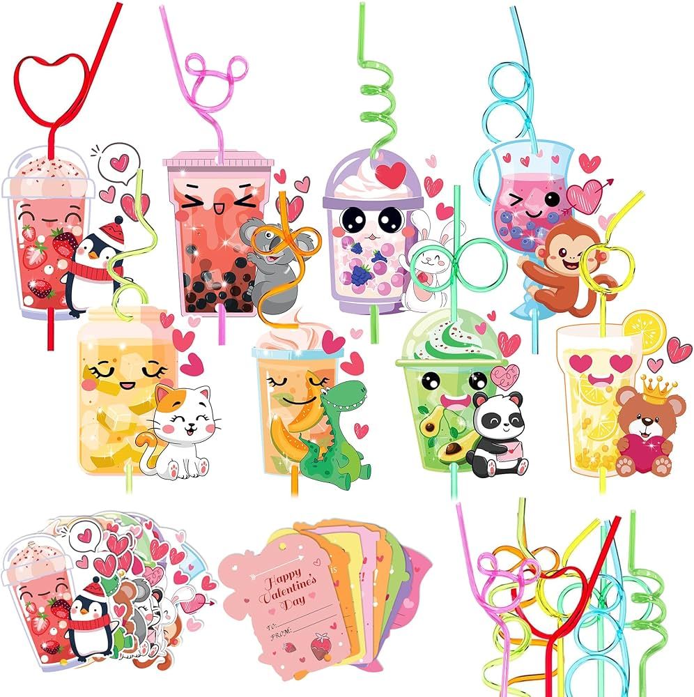 32 Pack Valentine's Day Cards for Kids with Crazy Straws, 8 Styles Cute Animal-Themed Valentines ... | Amazon (US)