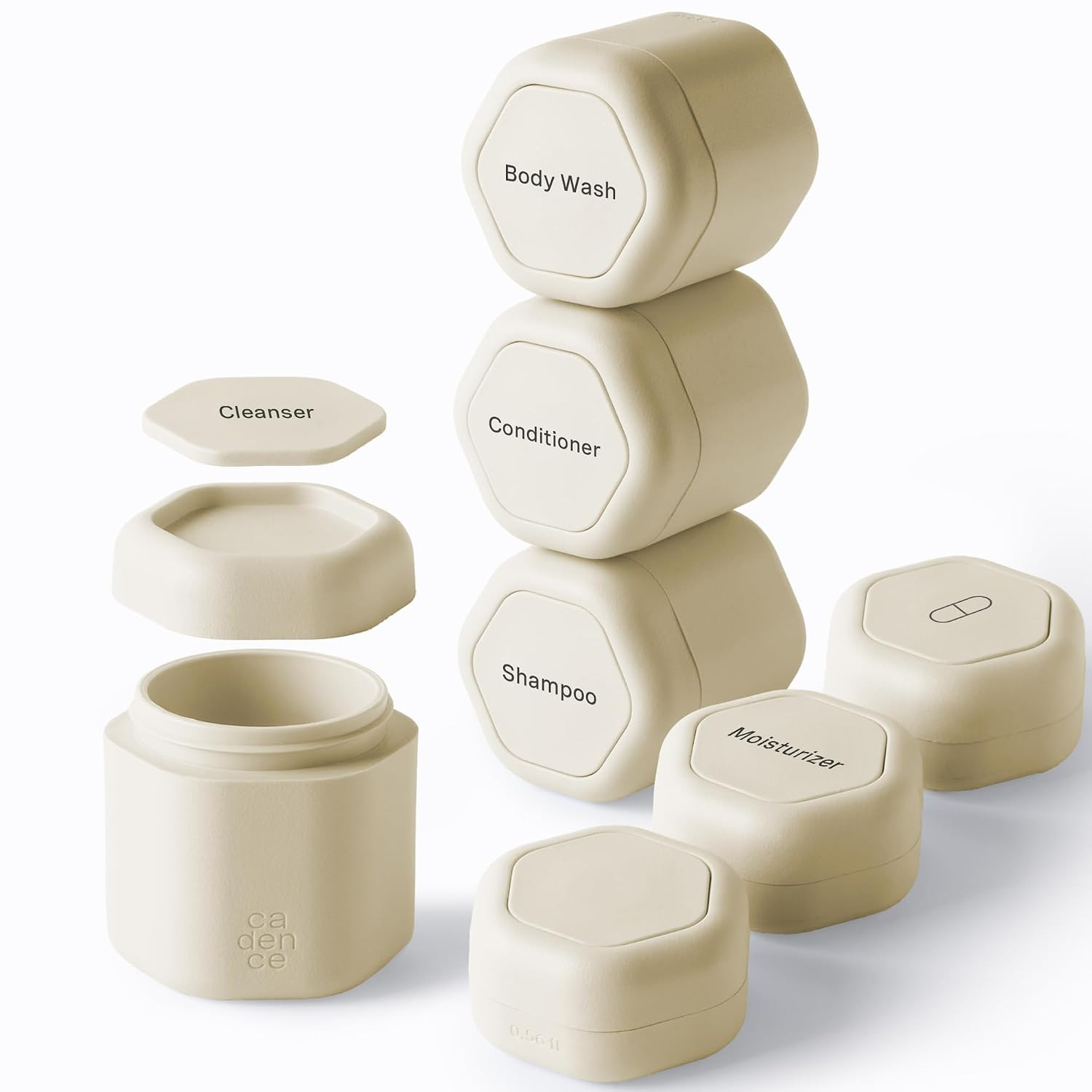 Cadence Travel Containers - Daily Routine Capsule Set - Magnetic Containers with Lids,4 Flex Mediums (1.32oz) & 3 Flex Smalls (0.56oz) - Shampoo, Conditioner, Body Wash, Pills, & More - Sand | Amazon (US)