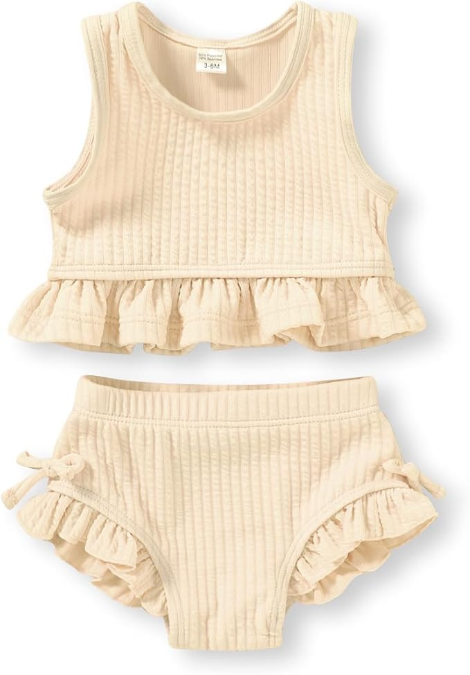 HAPPYMA Baby Swimsuit Toddler Girl Bathing Suit Summer Solid Color Bikini Set Beach Two Piece Swi... | Amazon (US)