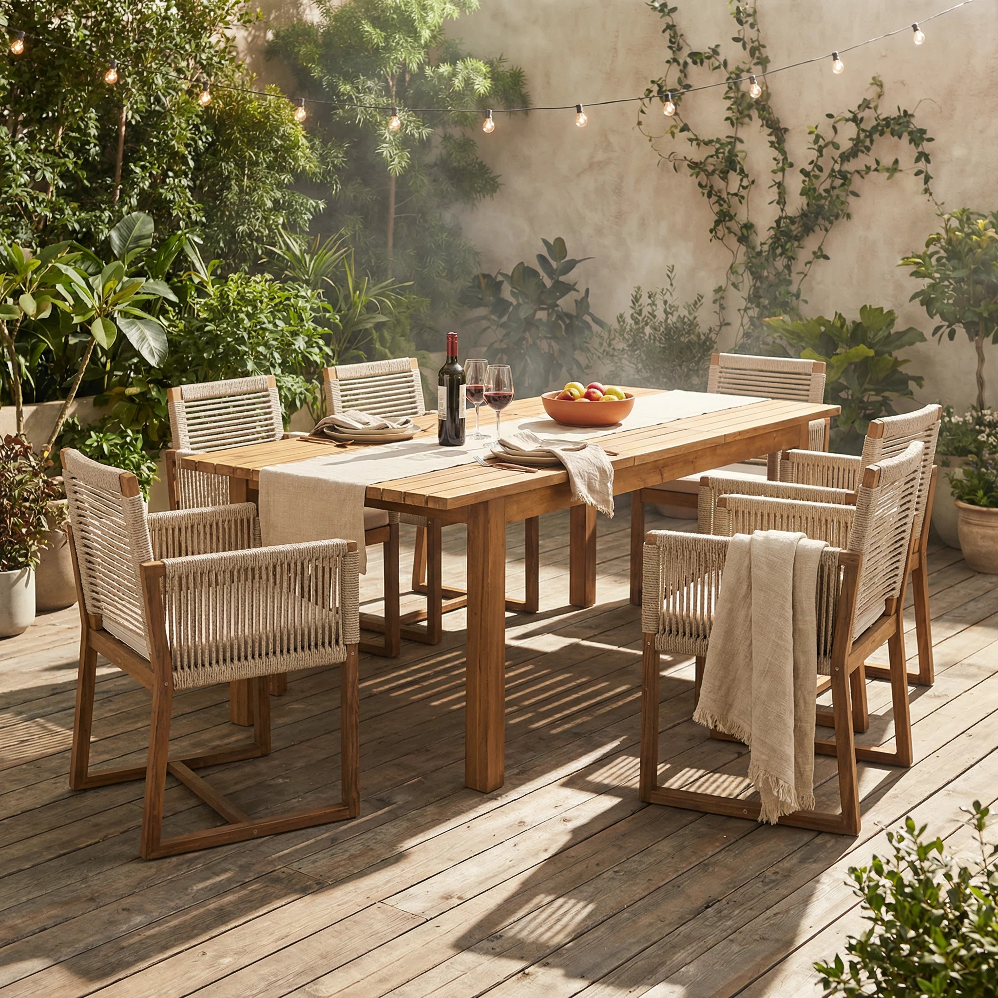 Marienthal 7-Piece Outdoor Acacia Wood Expandable Dining Set With Rope Woven & Cushions | Wayfair North America