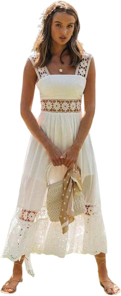 Womens Summer Floral Lace Splicing White Halter Long Maxi Dress Bohemian Square Neck Elegant Eyel... | Amazon (US)