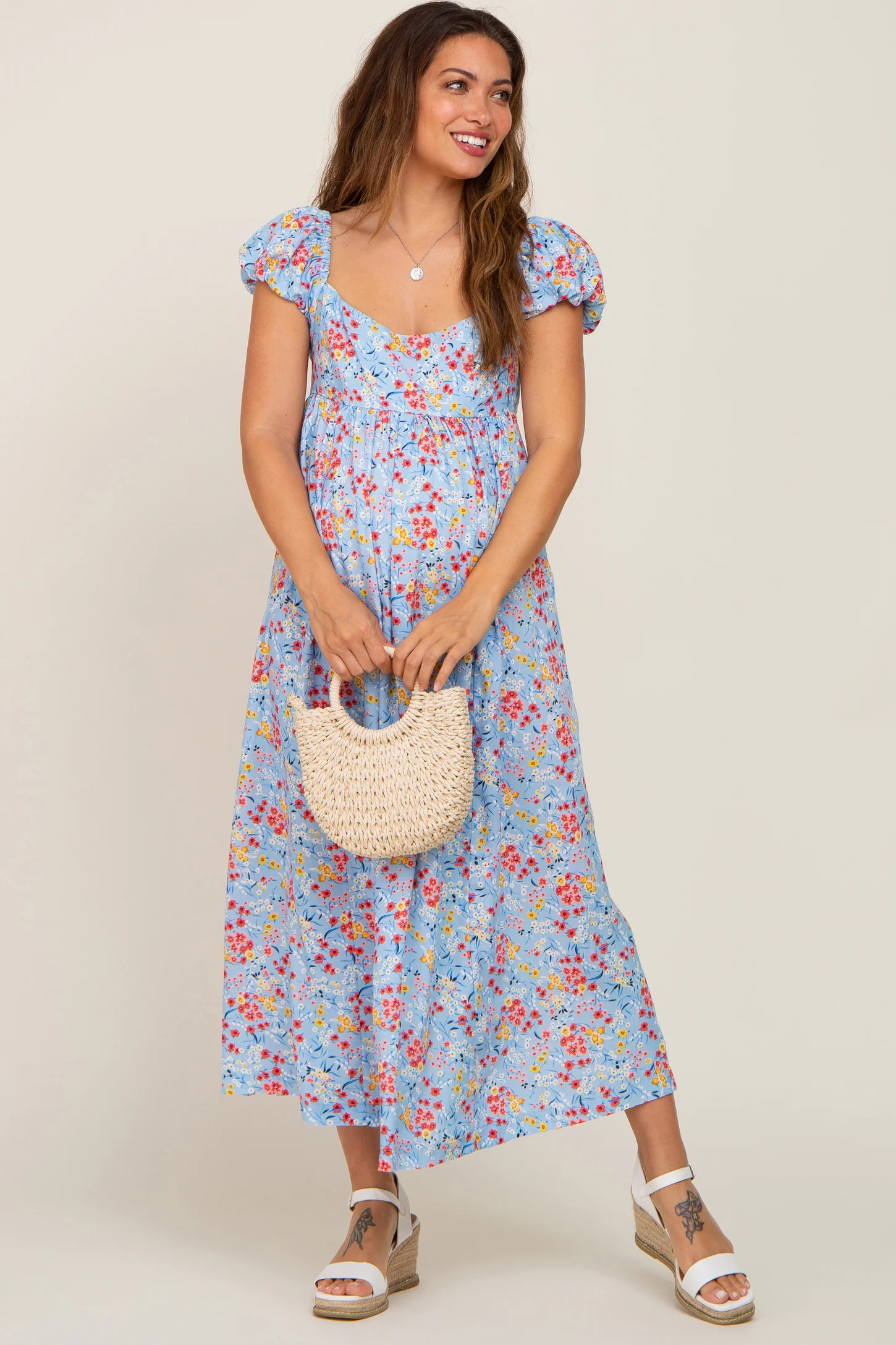Light Blue Floral Back Cutout Maternity Midi Dress | PinkBlush Maternity