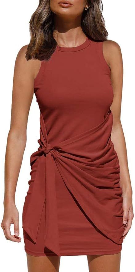 OWIN Women's Summer Casual Sleeveless Tank Dress Crewneck Bodycon Ruched Tie Waist Mini Dresses | Amazon (US)