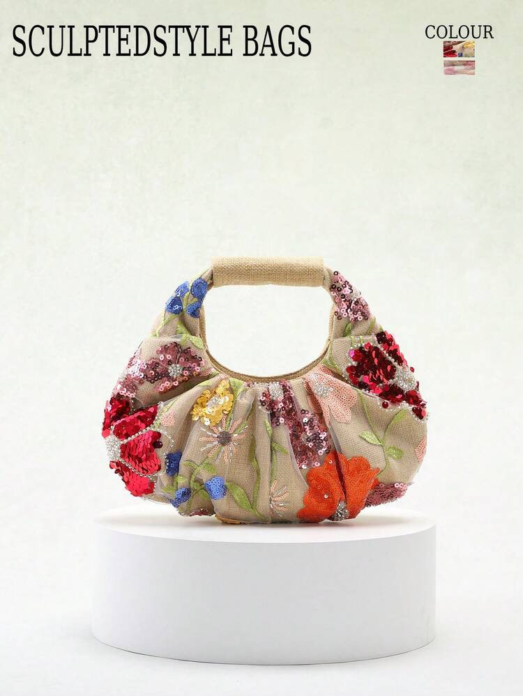 1pc SCULPTEDSTYLE BAGS Colorful PVC Sequins Contrast Mesh Embroidery Floral, Leaf, Cloud Pattern Pleated Handbag, Fashionable Summer Vacation Style For Women (Floral Pattern Randomly Sent), Sparkling Sequin Bags Ladies Elegant | SHEIN