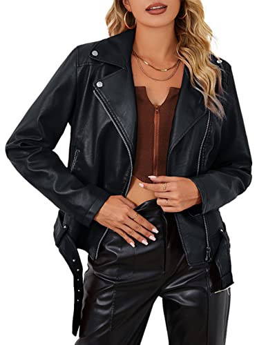 Bellivera Women Faux Leather Short Motorcycle Jacket Winter Trendy Moto Biker Casual Spring Coat 7906 Black XL | Amazon (US)