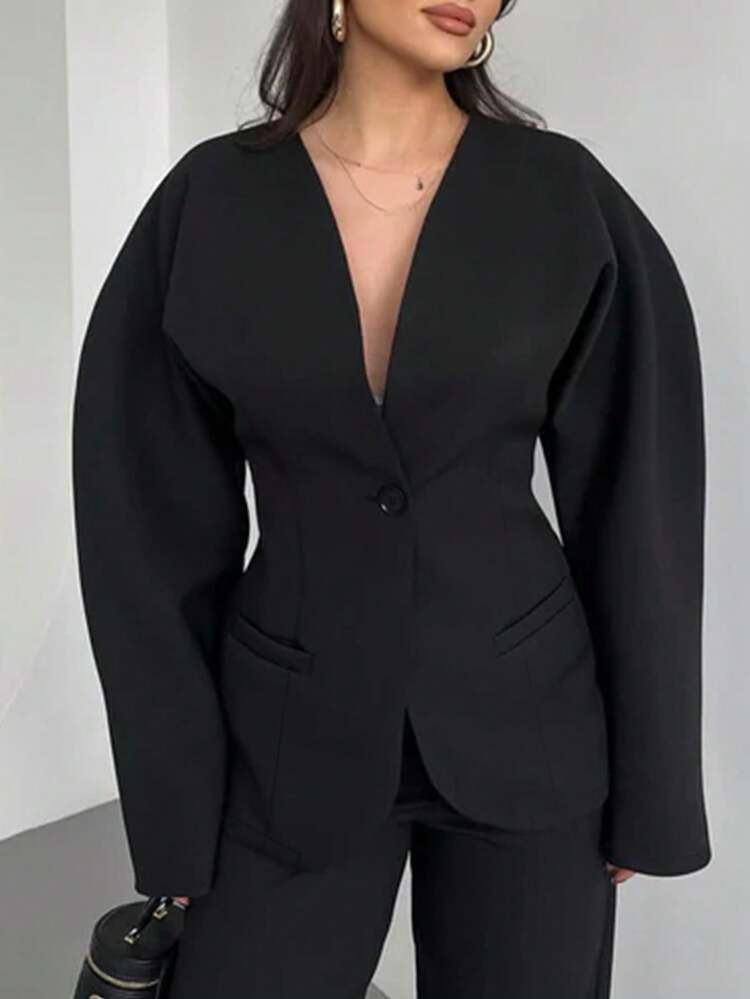 1 Set Solid Color Elegant Pocket Front Button Women's 2 Pieces Suit, Suitable For Office Wear In Spring/Autumn | SHEIN