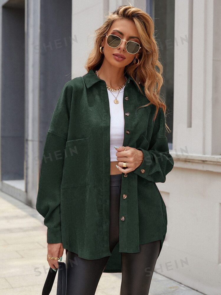 SHEIN Relaxiva Solid Button Front Pocket Detail Corduroy Coat | SHEIN