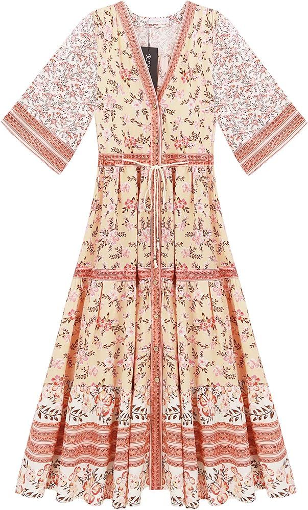 R.Vivimos Women's Summer Cotton Printed Half Sleeve V Neck Flowy Midi Dress | Amazon (US)