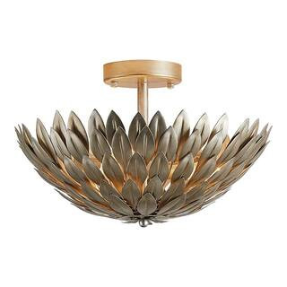 Parrot Uncle 15.75 in. 3-Light Rusted Silver Semi-Flush Mount Ceiling Light with Layers of Leaves... | The Home Depot