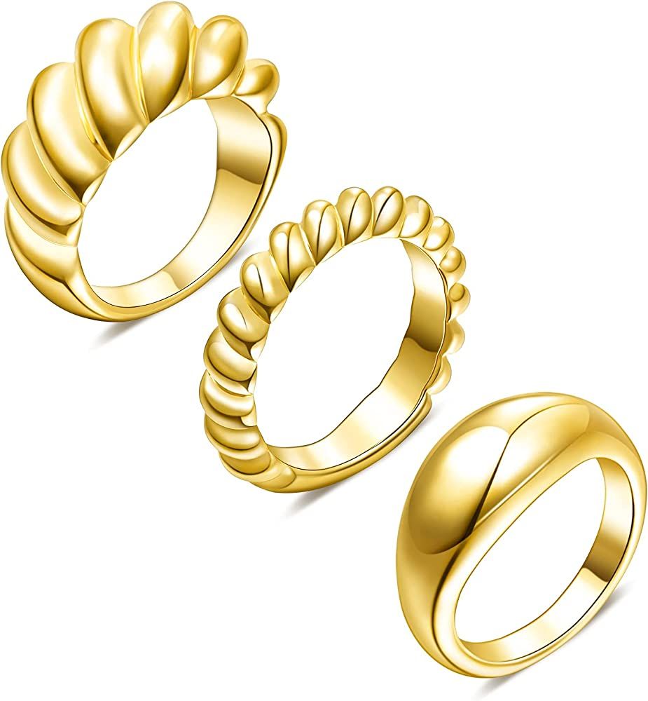 Chunky Ring Set: 14k Gold Plated Croissant Braided Twisted Dome Ring Jewelry for Women Men Teens Boy | Amazon (US)