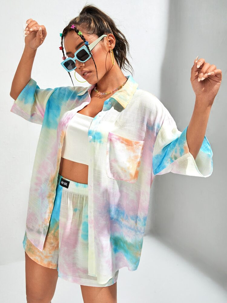 SHEIN Dopamine Dressing Tie Dye Pocket Front Drop Shoulder Blouse & Letter Patch Detail Shorts | SHEIN