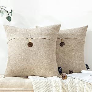 Phantoscope Pack of 2 Farmhouse Throw Pillow Covers Premium Coconut Button Vintage Linen Solid De... | Amazon (US)