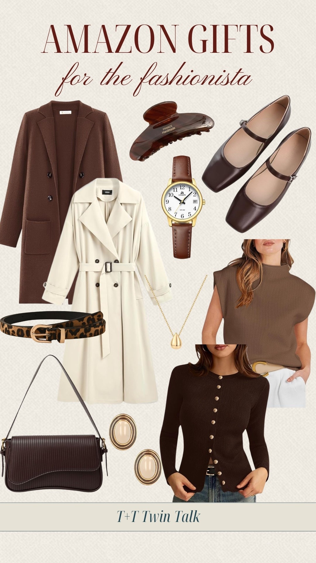 Amazon gift guide for the fashionista in your life! Great items that they’ll want to add to their wardrobe like a trench coat, brown button up, and Mary Jane flats. Plus, lots of accessories like the leather watch, brown purse, and cheetah print belt! 

#LTKGiftGuide #LTKSeasonal #LTKHoliday