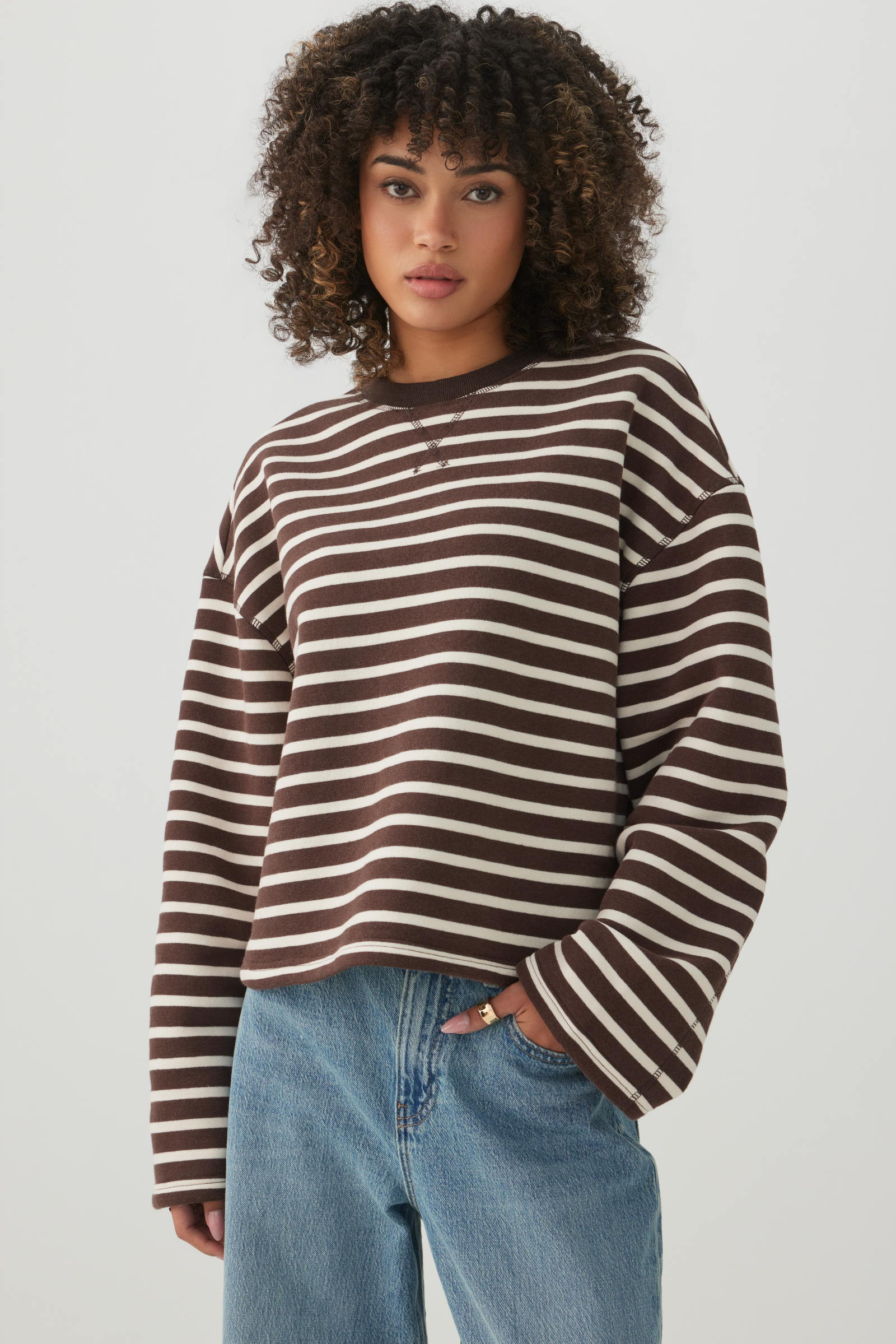 Striped Wide Sleeve Sweatshirt Brown | Ardene Canada | Ardene US