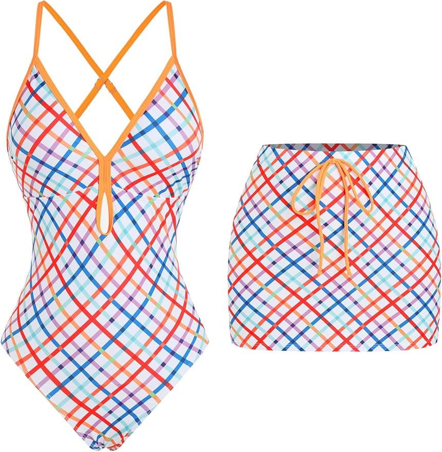 ZAFUL Women's One Piece Swimsuit with Skirt V Neck Plaid Bikini Front Cut Out Two Piece Bathing S... | Amazon (US)