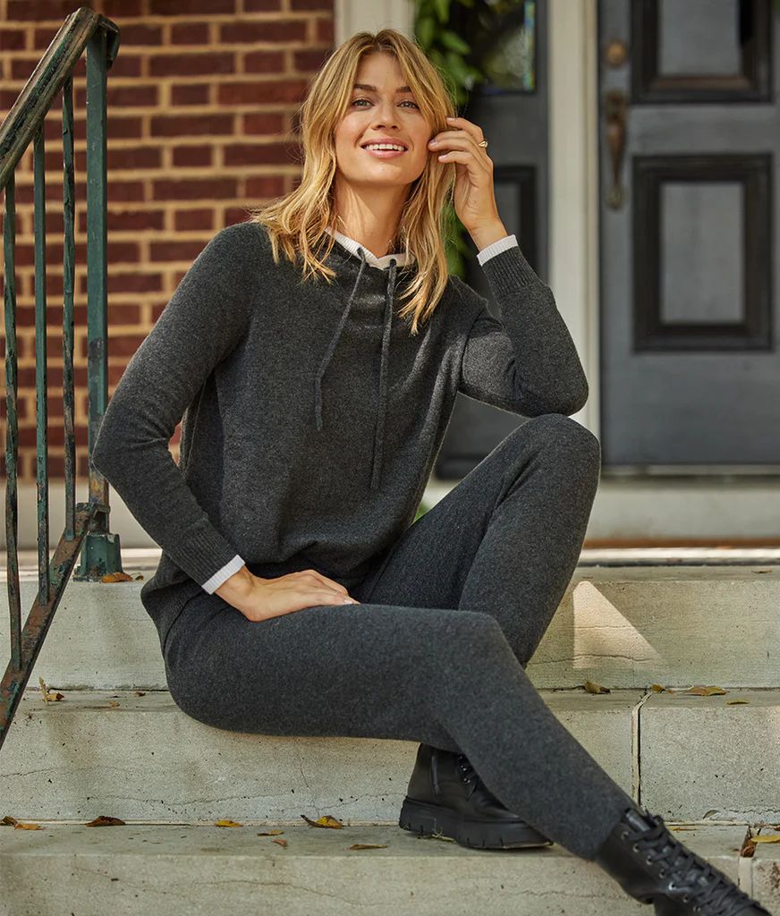 The Coziest Cashmere Blend Hoodie - Charcoal & White Sand | SummerSalt