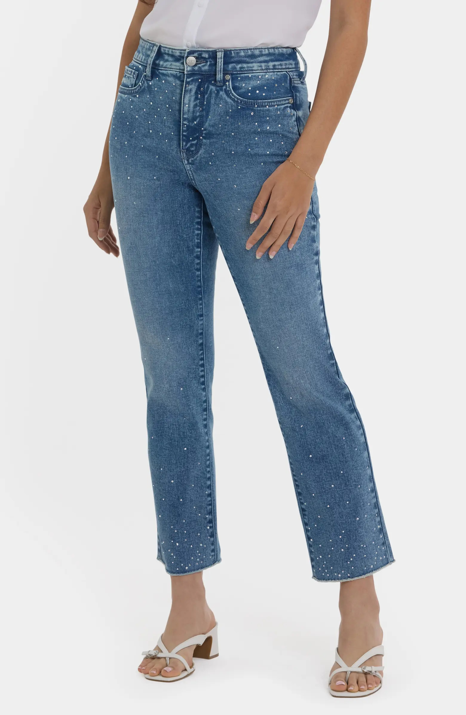 Marilyn Embellished Frayed High Waist Ankle Straight Leg Jeans | Nordstrom