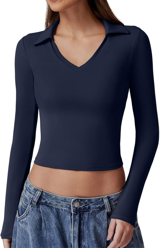 QINSEN Womens V Neck Polo Shirt Long Sleeve Double Lined Tees Basic Collared Fitted Going Out Top... | Amazon (US)