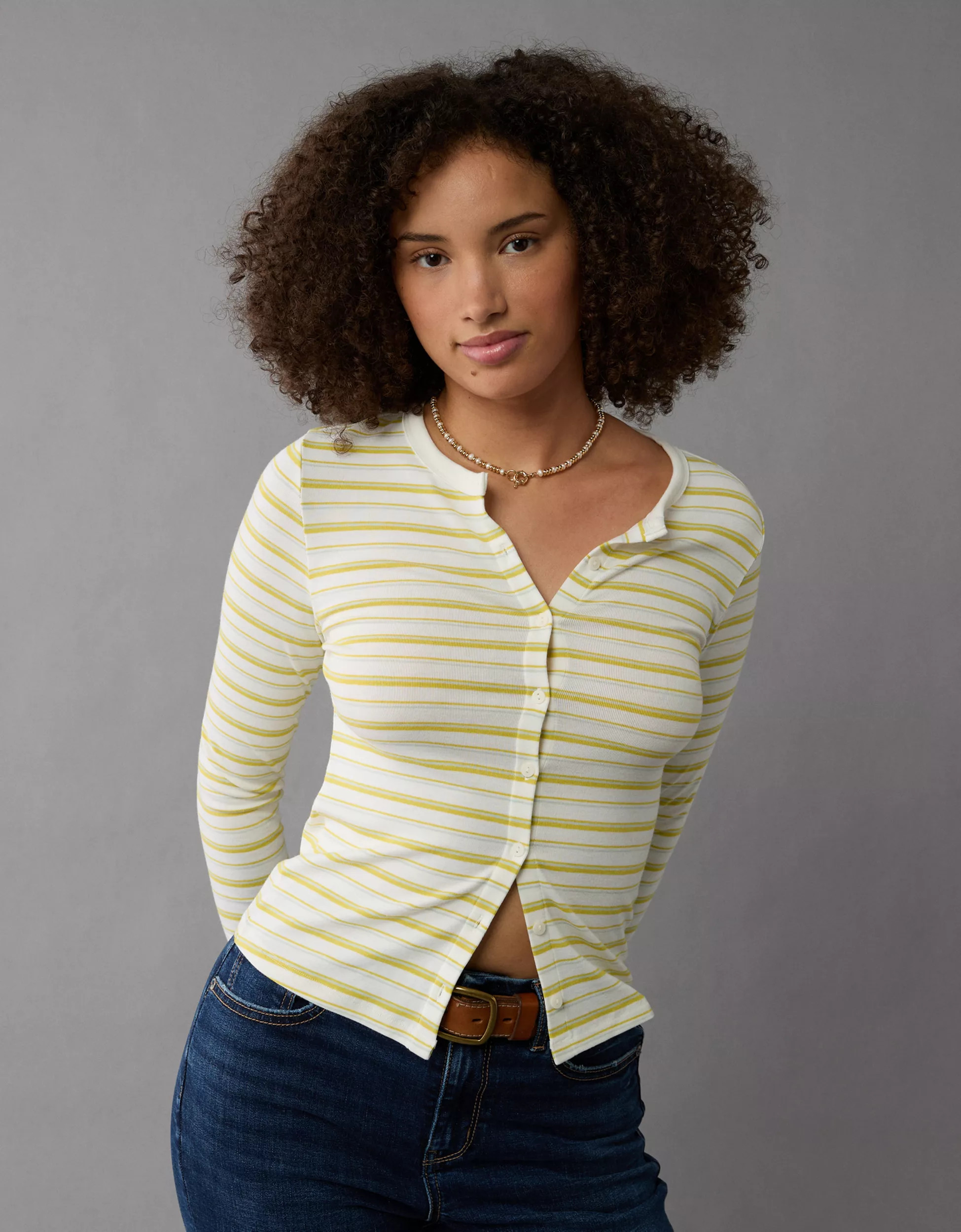 AE Long-Sleeve Button-Up T-Shirt | American Eagle Outfitters (US & CA)