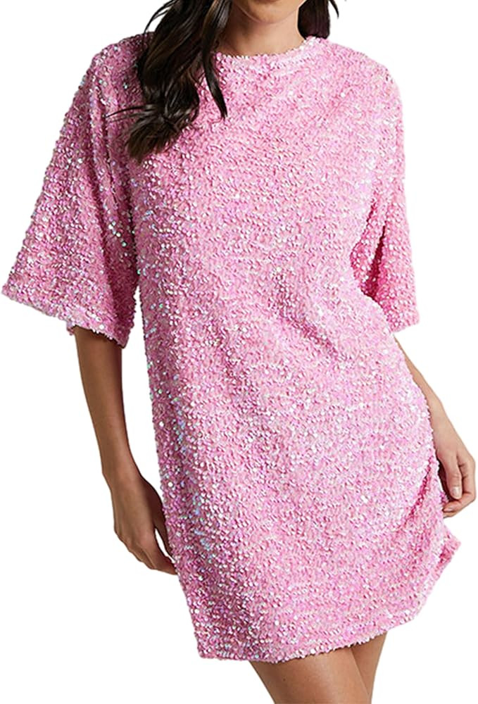 Women's Sparkly Sequin Shirt Mini Dress Party Club Dress Half Sleeve Crewneck Tie Backless Velvet... | Amazon (US)