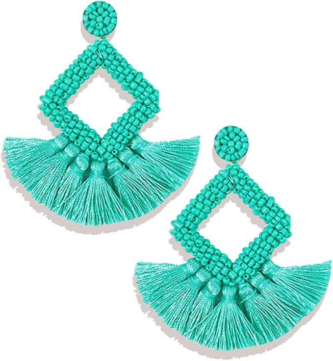 Beaded Statement Tassel Earrings for Women,Handmade Earring, Bohemian Dangle Fringe Earrings for ... | Amazon (US)