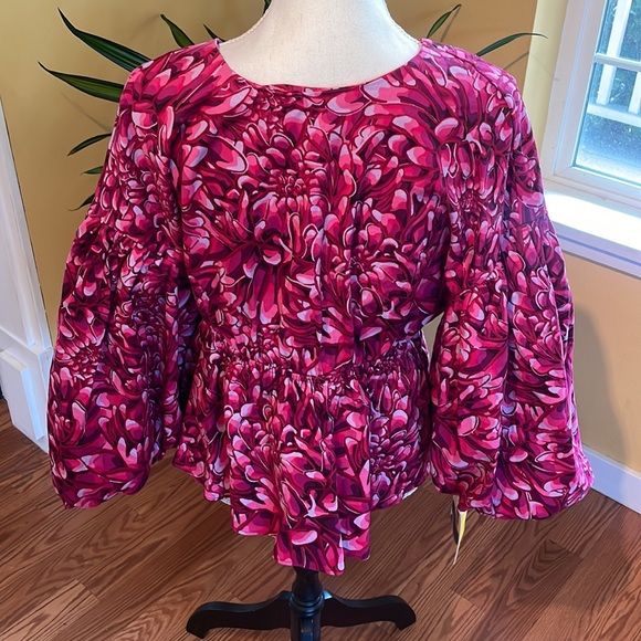 NWT Kika Vargas x Target Hot Pink Floral Puff Sleeve Scallop Back Shirt Sz Large | Poshmark