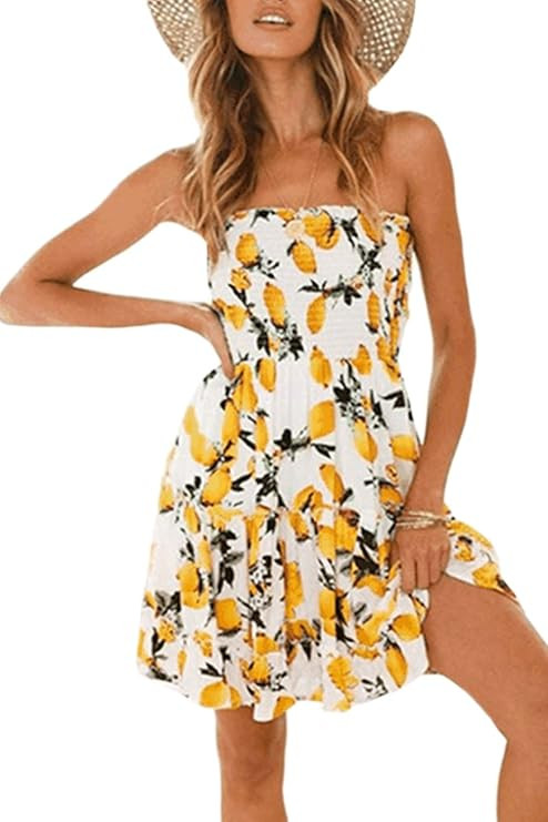Zonsaoja Women's Strapless Dress Mini Floral Print Summer Tube Top Dresses Beach | Amazon (US)