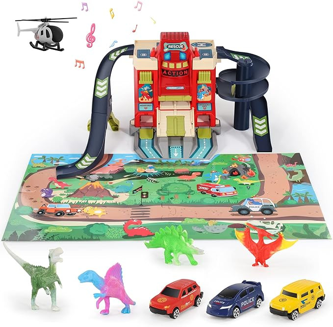 MIEBELY Race Track – Dinosaur Rescue Building Car Adventure Toy with Map, Vehicles and Rescue A... | Amazon (US)