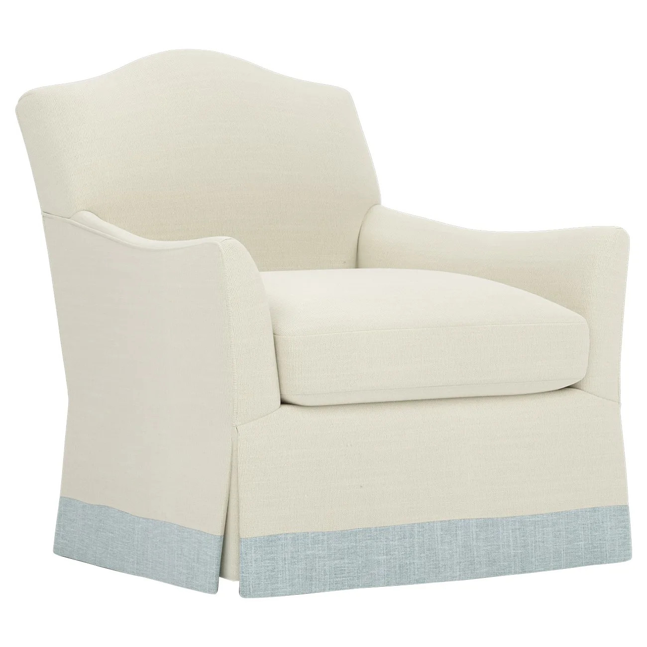 Amoret Cloud Performance Coastal Sky Skirted Swivel Chair With Contrast Band | Kathy Kuo Home