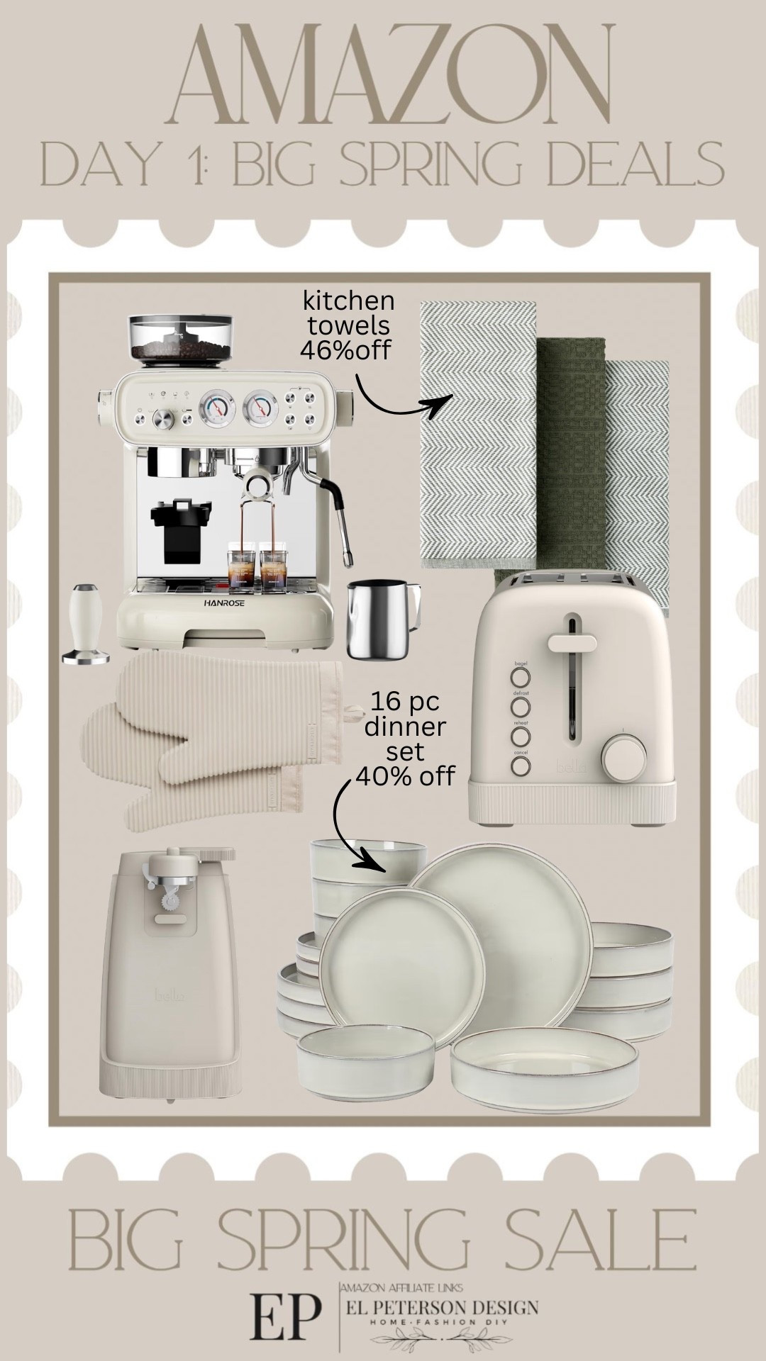 Amazon Big Spring Sale
Day 1: Big Spring Deals
Expresso machine
Dinner plate set
Can opener
Kitchen towel
Toaster 

#LTKHome #LTKSaleAlert