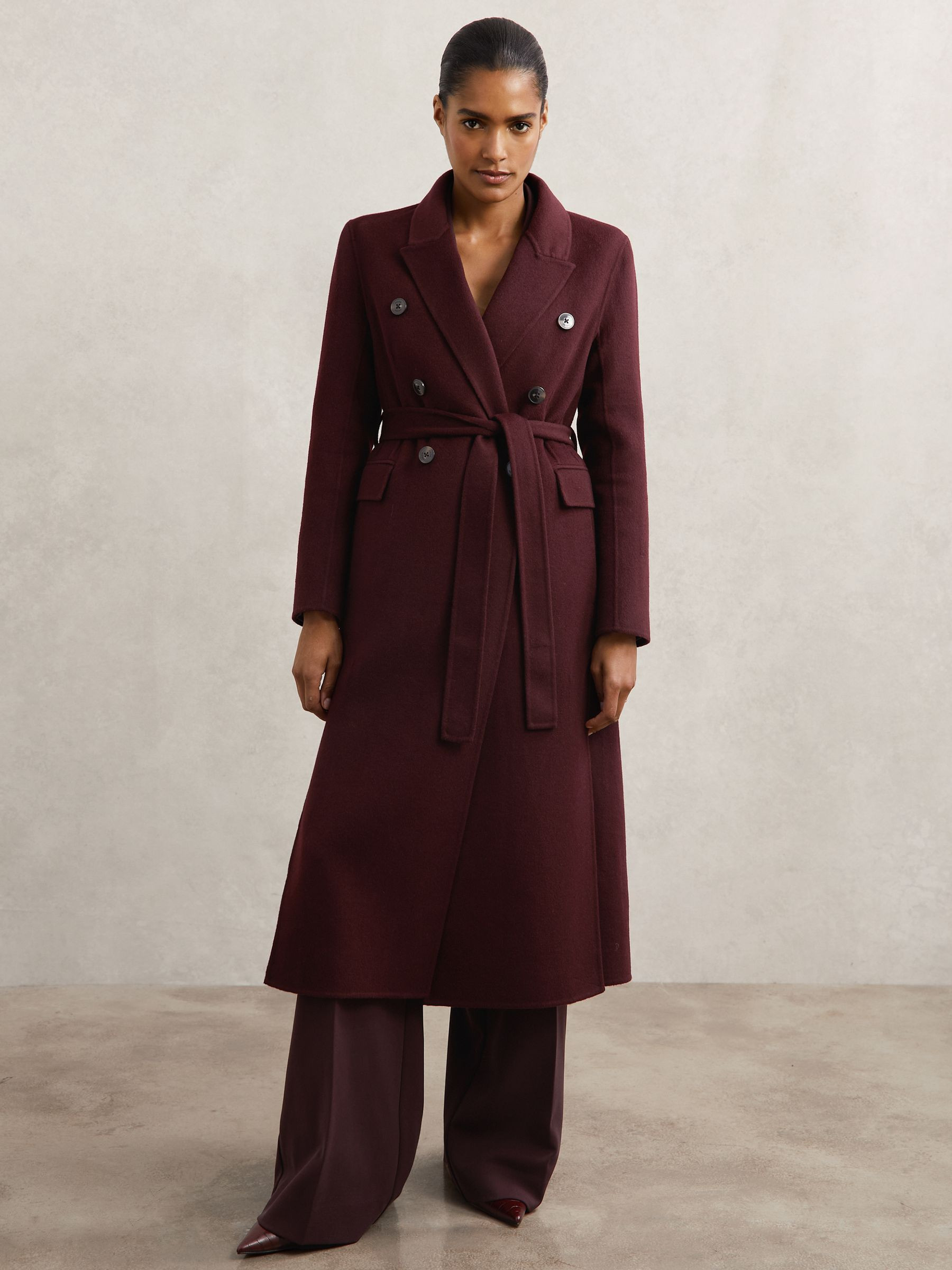 Double-Breasted Blindseam Coat Wool-Blend in Burgundy | Reiss UK