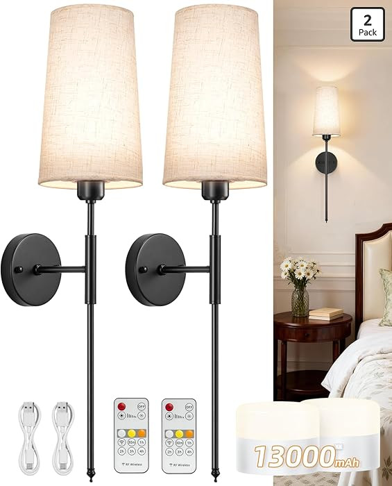 Battery Operated Wall Sconce Set of 2, 13000mAh Rechargeable Battery Powered Sconces with Remote ... | Amazon (US)