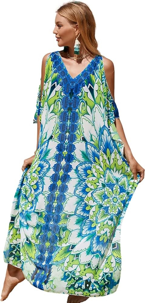 Women Elastic caftan Rayon Ethnic Print kaftans Floral Print Over Sized Caftans Lounge wear | Amazon (US)