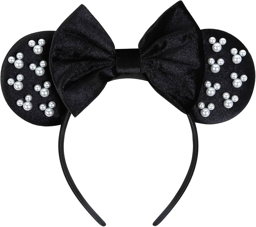 WOVOWOVO Mouse Ears Headbands for Women Girls Black Bow Pearl Hairbands Velvet Headband Christmas... | Amazon (US)