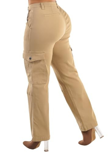 Moda Xpress Womens Juniors Khaki Butt Lift Hyper Stretch Straight Cargo Pants 10101H | Amazon (US)