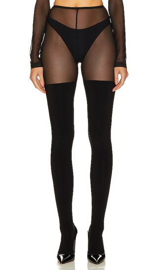 Thigh High Spliced Legging With Footsie in Black & Black Mesh | Revolve Clothing (Global)