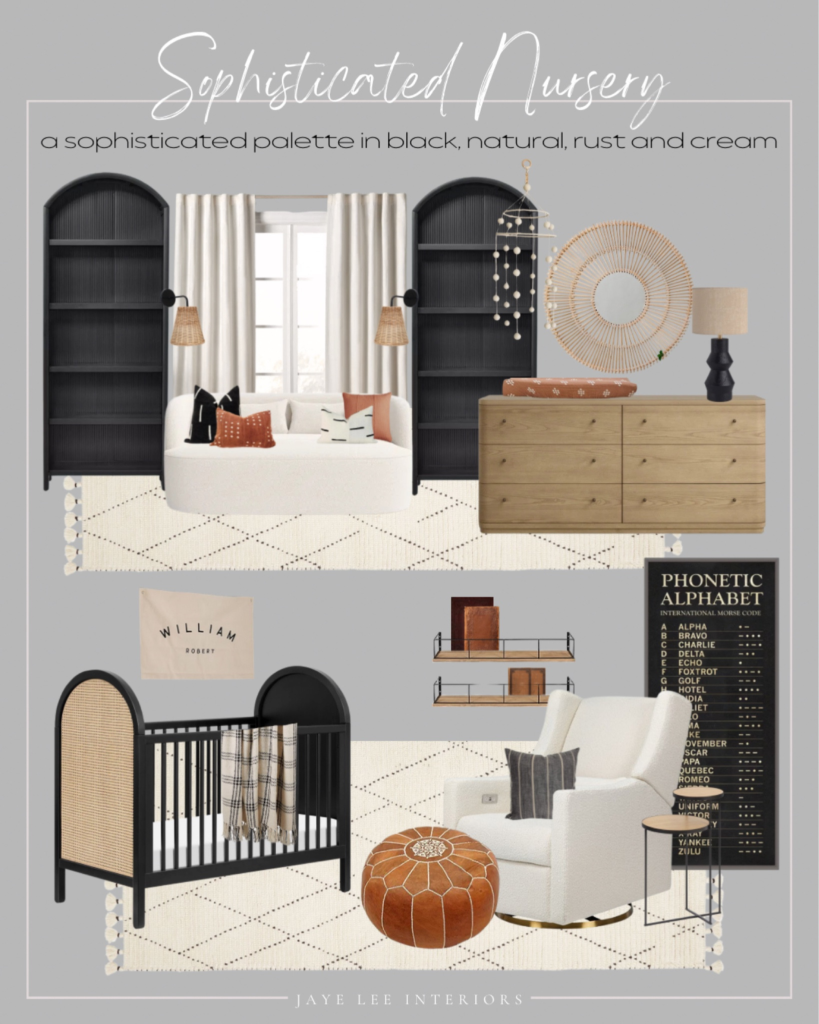 A sophisticated palette in black, natural, cream and rust, modeled after Henry’s nursery. 
I liked the idea of creating a nursery that would easily transition to a “big boy room” over time. The edit is classic with cozy spaces for reading and snuggling, strategically soft corners and lots of curves.  The black/white/natural color palette allows for any accent color as tastes and trends change. 

Little boy’s room, nursery design, nursery project, baby’s room, toddler boy room, rattan crib, boucle swivel glider, boucle loveseat, Wayfair, magnolia home, Amazon nursery finds, Mebie baby, Etsy mobile, neutral baby room, neutral nursery, Layla grace, world market, target nursery, Cura home, west elm, pottery barn, felt mobile, book shelf, black out curtains, mudcloth throw pillows, leather pouf, Moroccan pouf, boho nursery, eclectic nursery, boy nursery, babyletto cane crib

#LTKhome

#LTKBump #LTKBaby #LTKKids